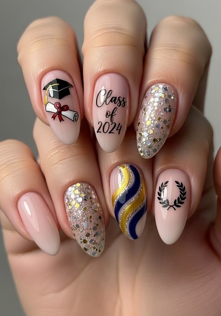 Class of 2024 nail art with graduation cap, diploma and glitter accents