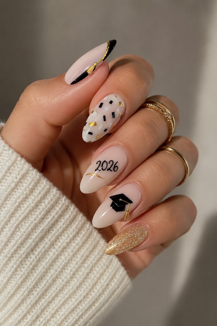 Nude 2026 graduation nails with confetti and gold glitter