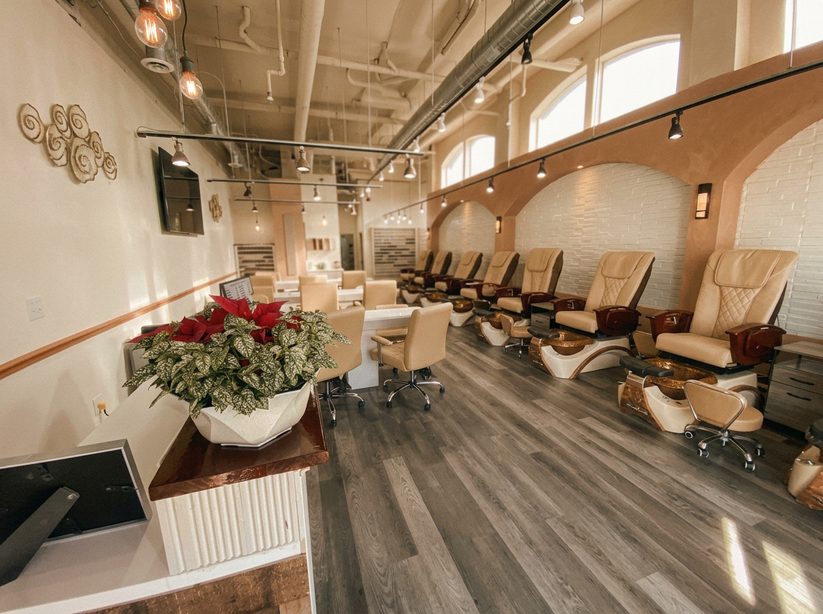 Inside Relax Nails & Spa — pedicure lounge with warm cream chairs and natural light