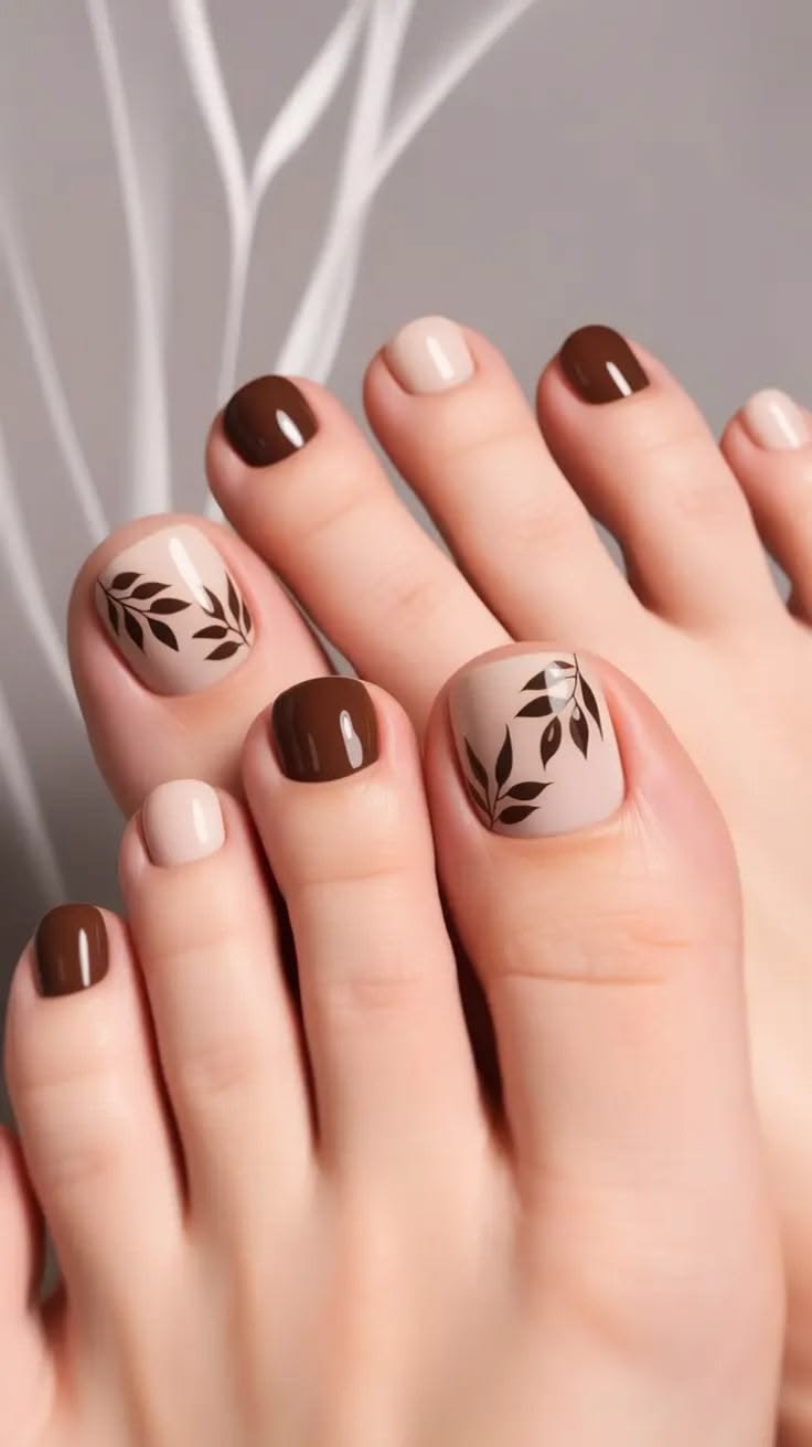 Brown and nude pedicure with leaf accents