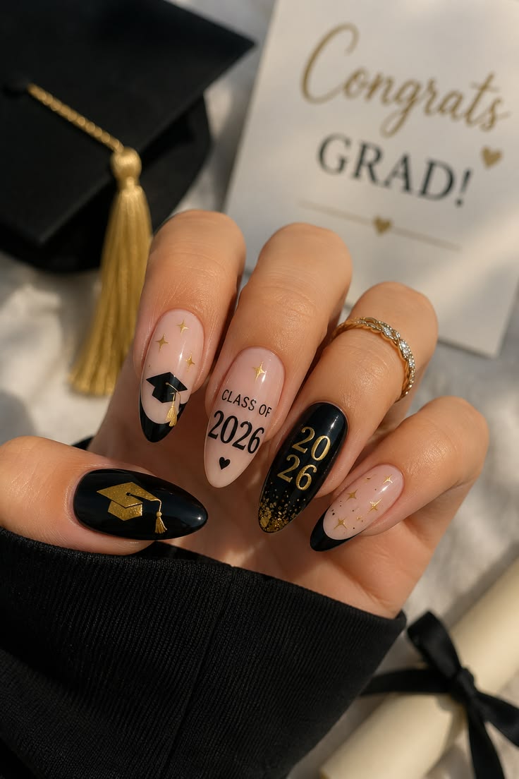 Class of 2026 black and nude graduation nails with gold cap accents