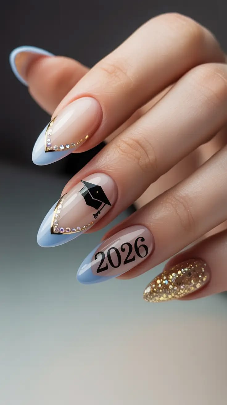 Pastel blue 2026 graduation nails with gold glitter and crystals