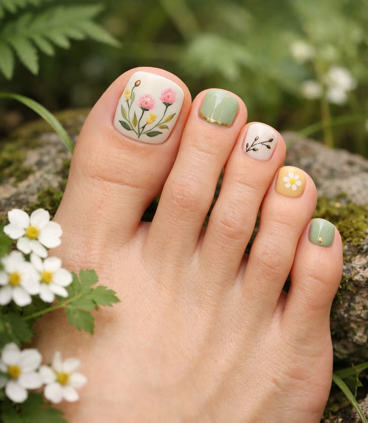 Pedicure with hand-painted wildflowers, sage green and daisy accents