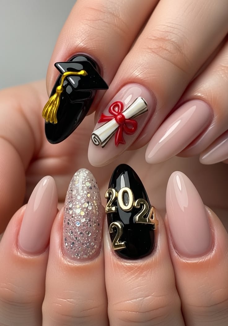 Graduation nails with 3D cap, diploma and gold 2024 charms