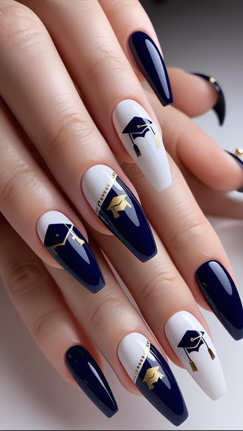 Navy and white coffin nails with gold graduation cap art